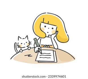 Illustration of a girl writing on paper.