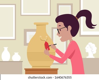 Illustration of a Girl Writing on Red Price Tag Doing Her Job as Antique Appraiser