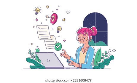 Illustration of a girl writing, working on her laptop