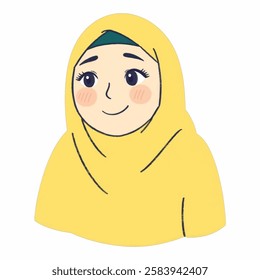 Illustration of a Girl in a Yellow Hijab, Great for Cultural Representation and Modest Fashion Themes A cheerful girl in a bright yellow hijab, symbolizing warmth, positivity, and individuality