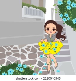 illustration of a girl with yellow skirt and flowers