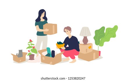 Illustration of a girl and a young man unpacking household items. Vector. Flat cartoon style. Moving to a new apartment. Cargo delivery. Husband, wife and cat pack their belongings. Banner.