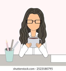 Illustration girl young woman in glasses at the office with a cup of hot tea or coffee in her hand	
