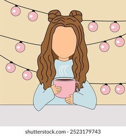 Illustration girl young woman at the table with a cup of hot tea or coffee in her hand and christmas garland new year mood