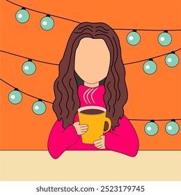 Ilustração menina jovem mulher na mesa com uma xícara de chá quente ou café na mão e Natal guirlandas novo humor ano