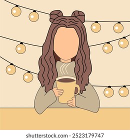 Illustration girl young woman at the table with a cup of hot tea or coffee in her hand and christmas garland new year mood