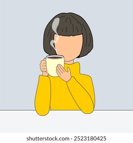 Illustration girl young woman at the table with a cup of hot tea or coffee in her hand