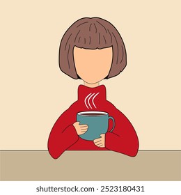 Illustration girl young woman at the table with a cup of hot tea or coffee in her hand