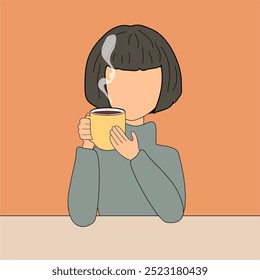 Ilustração menina jovem mulher na mesa com uma xícara de chá quente ou café na mão