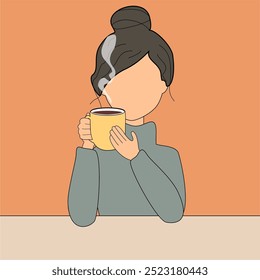 Illustration girl young woman at the table with a cup of hot tea or coffee in her hand