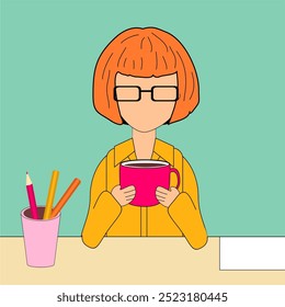 Ilustração menina jovem mulher na mesa com uma xícara de chá quente ou café na mão