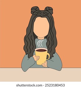 Illustration girl young woman at the table with a cup of hot tea or coffee in her hand