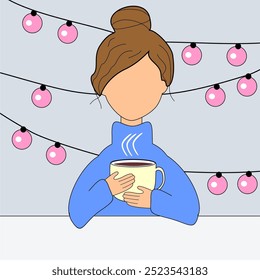 Illustration girl young woman at the table with a cup of hot tea or coffee in her hand and christmas garland new year mood	
