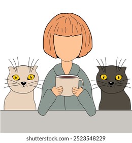 Illustration girl young woman at the table with a cup of hot tea or coffee in her hand and two cats