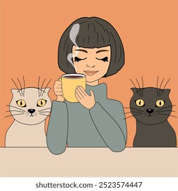 Illustration girl young woman at the table with a cup of hot tea or coffee in her hand and two cats