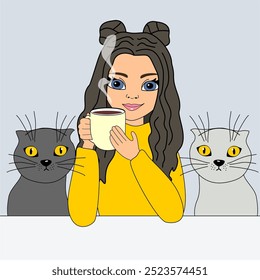 Illustration girl young woman at the table with a cup of hot tea or coffee in her hand and two cats