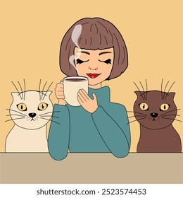 Illustration girl young woman at the table with a cup of hot tea or coffee in her hand and two cats