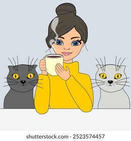 Illustration girl young woman at the table with a cup of hot tea or coffee in her hand and two cats