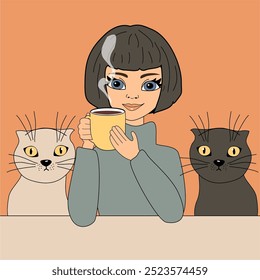 Illustration girl young woman at the table with a cup of hot tea or coffee in her hand and two cats