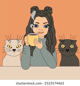 Illustration girl young woman at the table with a cup of hot tea or coffee in her hand and two cats