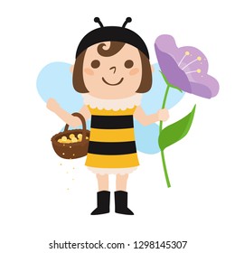 Illustration of a girl.A girl in a costume of Honey bee has flowers.