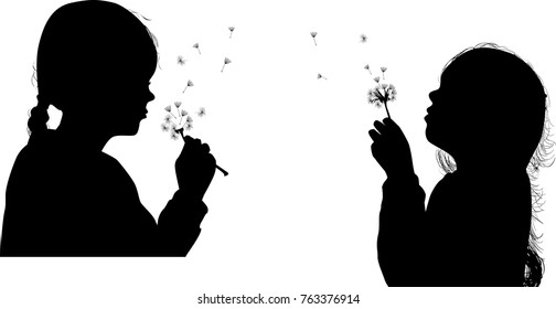 illustration with girls blowing on dandelion isolated on white background