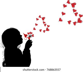 illustration with girls blowing on dandelion isolated on white background