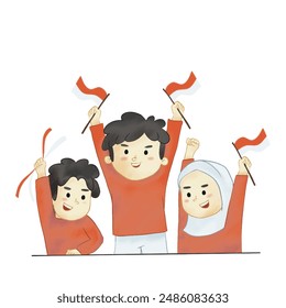 Illustration of girls and boys celebrating the 79th independence day of the republic of indonesia 