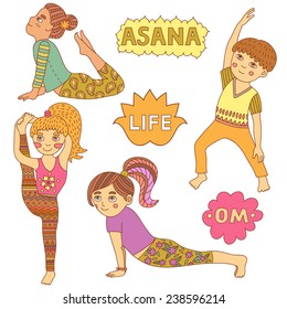 Illustration of the girls and boys doing yoga on a white background. Cute  yoga kids. Vector