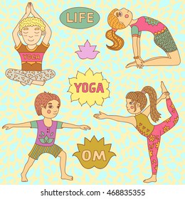 Illustration of the girls and boys doing yoga on a white background. Cute  yoga kids. Seamless pattern with abstract drop-shaped elements. Vector
