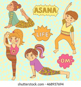 Illustration of the girls and boys doing yoga on a white background. Cute  yoga kids. Seamless pattern with abstract drop-shaped elements. Vector