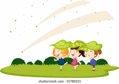 Illustration of Girls Carrying Leaves Overhead on white background