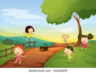 illustration of girls and cat in a beautiful nature