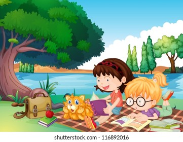 illustration of girls and a cat in a beautiful nature