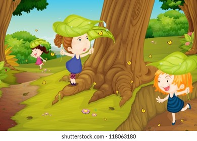 illustration of girls catching butterflies in nature