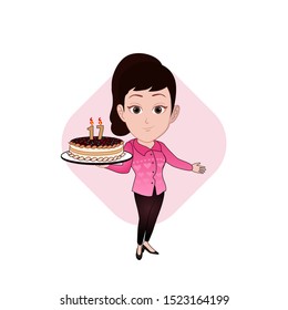 illustration of a girl's character carrying a cake with a candle that reads the number 17. Vector cartoon that can be used to caricature templates with a plain background.