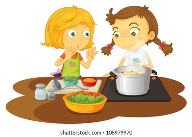 Illustration Of A Girls Cooking Food On A White Background