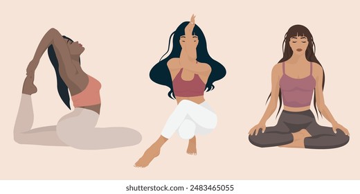 Illustration of Girls doing yoga in different poses and different races in cartoon style. Vector