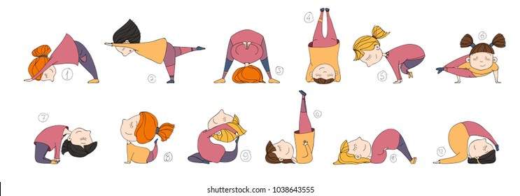 illustration of girls doing yoga. kids in yoga postures 