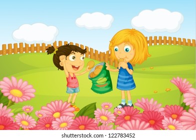 Illustration of girls eating cookies in nature