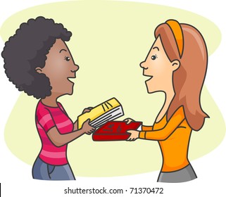 Illustration of Girls Exchanging Books