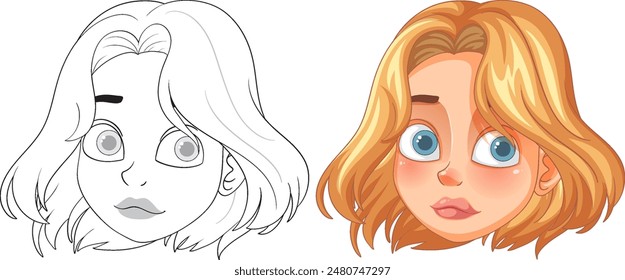 Illustration of a girl's face in color and monochrome