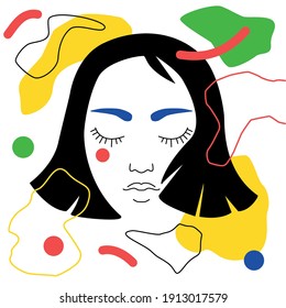 Illustration of a girl's face in modern abstract style with various colored shapes and lines. Isolated vector drawing.