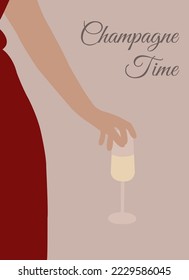 Illustration of a girl's hand with a glass of champagne on a pale purple background