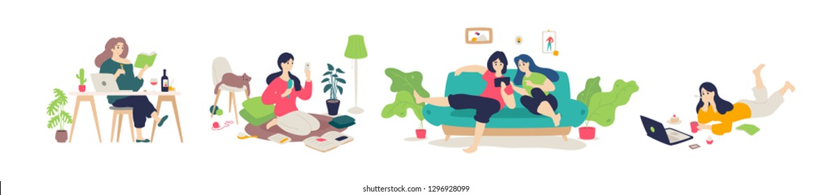 Illustration of girls having a rest at home. Vector. Flat style. Young people do household chores. Learning and watching movies online. Weekend at home. LGBT community.