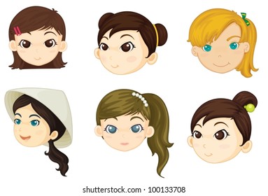 Illustration of girls heads on white