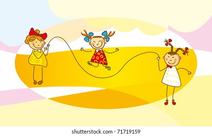 Illustration, girls jump with a skipping rope