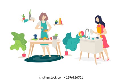 Illustration of girls in the kitchen. Vector. Flat style. Wife prepares at home. Online cooking courses. Housewife washes the dishes. Women's homework.
