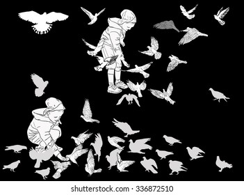 illustration with girls and large group of doves isolated on black background