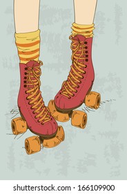 Illustration with girl's legs in striped socks and retro roller skates